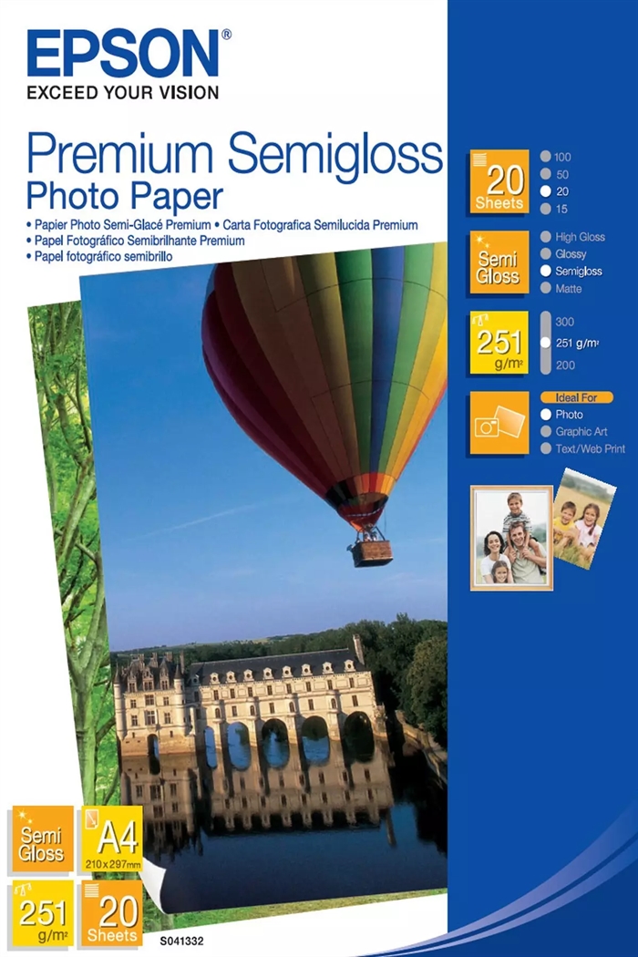 Hârtie foto semilucioasă premium Epson A4 251 g/m², 20 foi