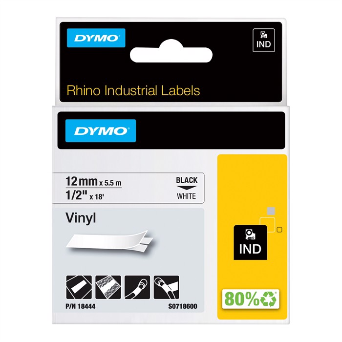 Bandă Rhino 12mm x 5,5m vinil negru/alb