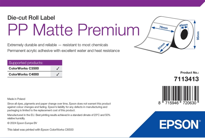 Epson PP Matte Label Premium, Etichete pre-stanțate, 76 x 51mm ( 535 Etichete )